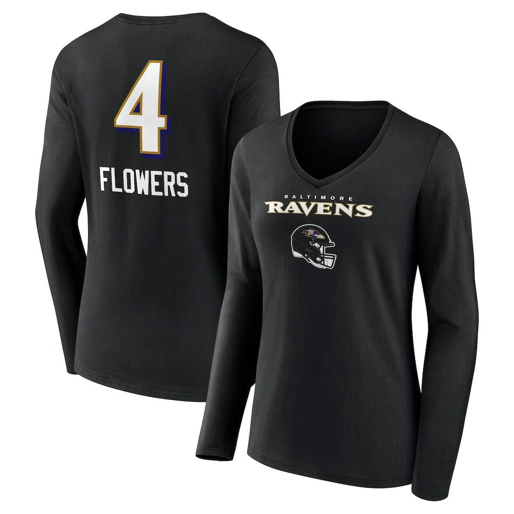 Zay Flowers Baltimore Ravens Women's Team Wordmark Player Name & Number Long Sleeve V-Neck T-Shirt Black - NFL