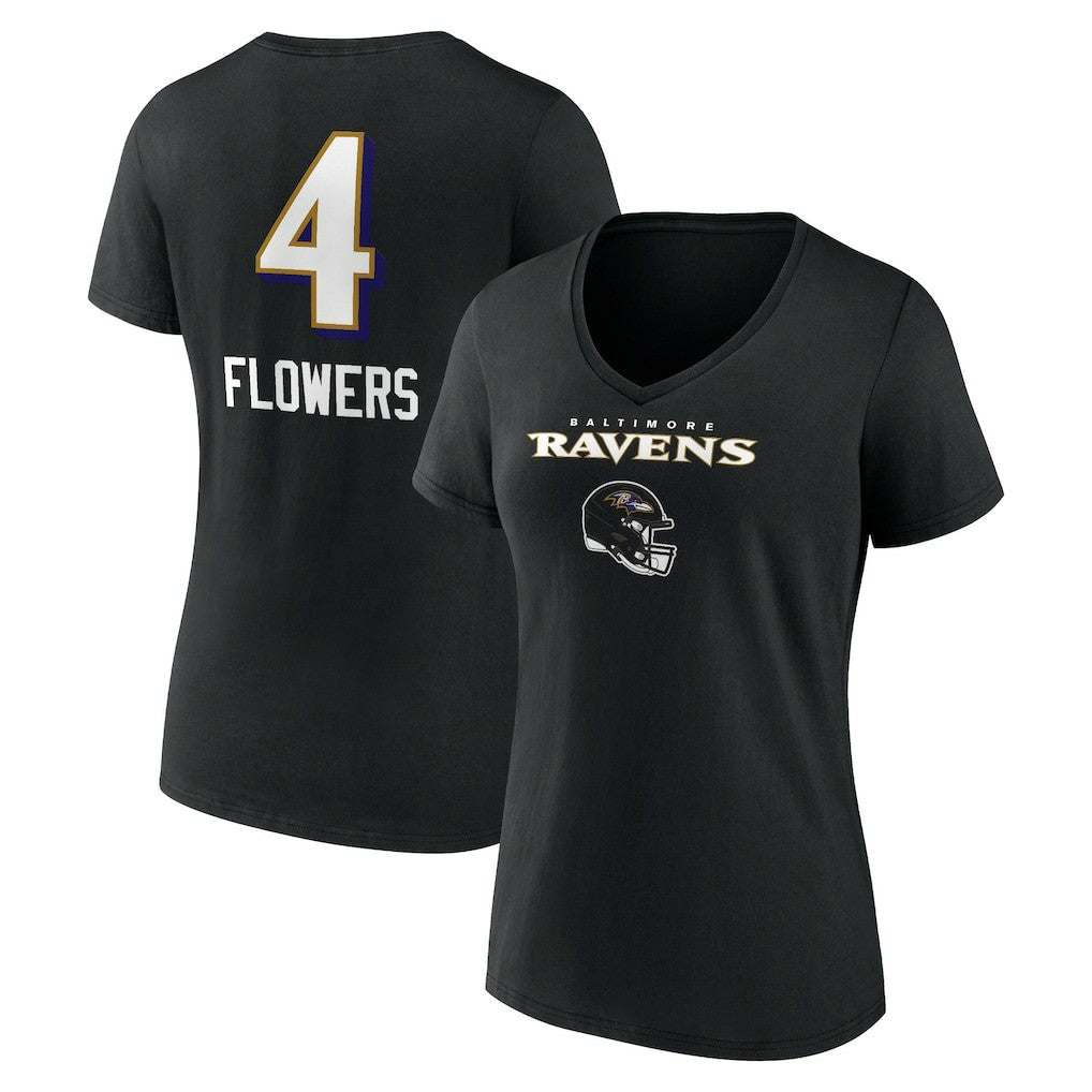 Zay Flowers Baltimore Ravens Women's Team Wordmark Player Name & Number V-Neck T-Shirt Black - NFL