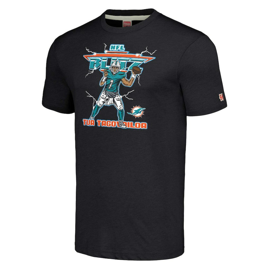 Tua Tagovailoa Miami Dolphins Homage Unisex NFL Blitz Player Tri-Blend T-Shirt Heathered Heather Black - NFL