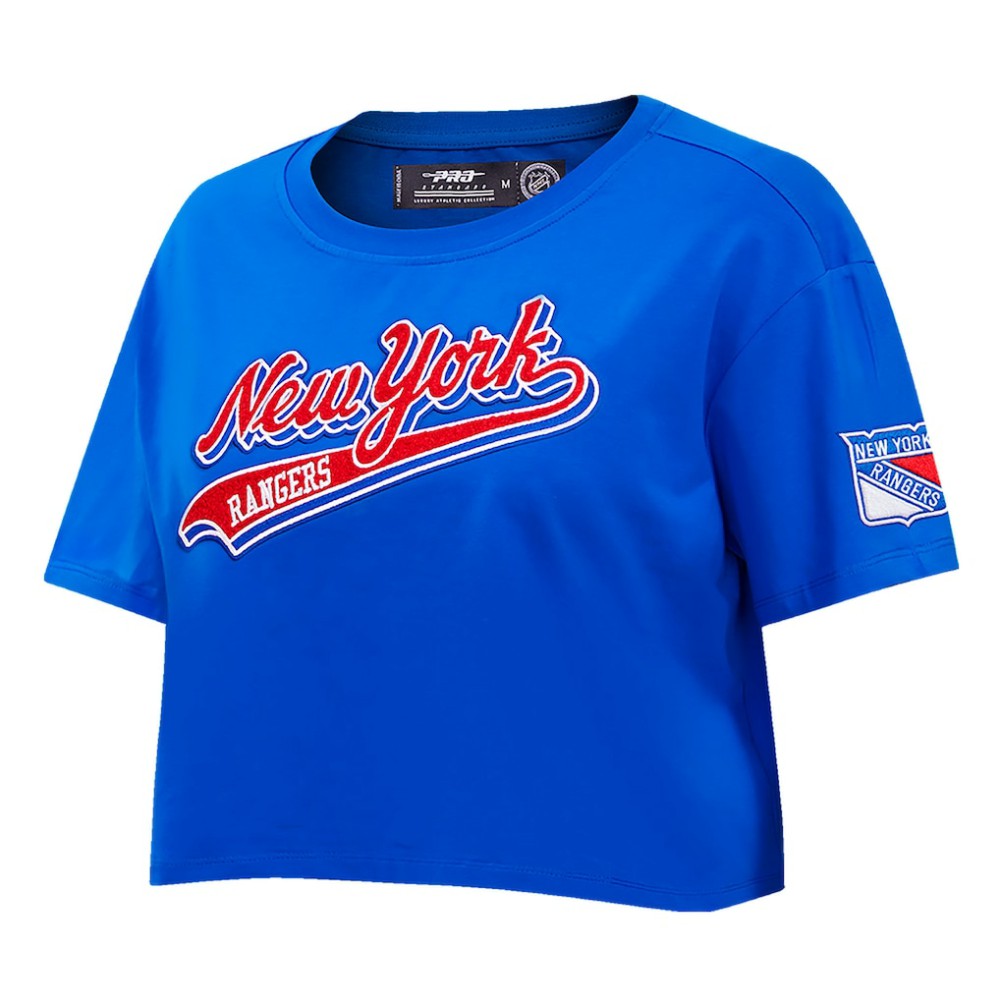 New York Rangers Pro Standard Women's Boxy Script Tail Cropped T-Shirt Blue