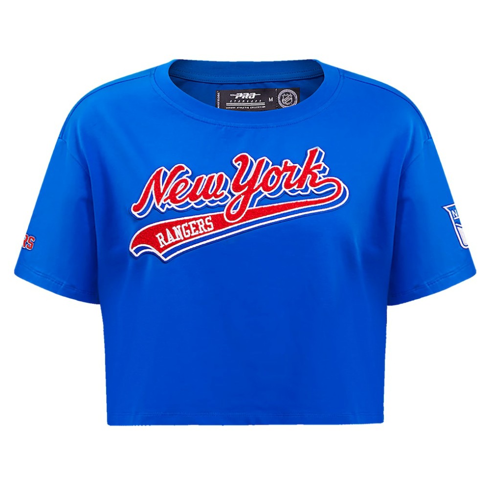 New York Rangers Pro Standard Women's Boxy Script Tail Cropped T-Shirt Blue