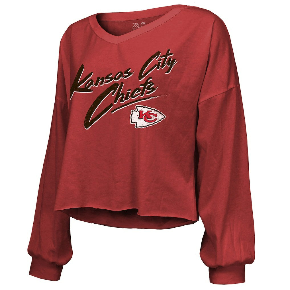 Travis Kelce Kansas City Chiefs Majestic Threads Women's Name & Number Off-Shoulder Script Cropped Long Sleeve V-Neck T-Shirt Red - NFL