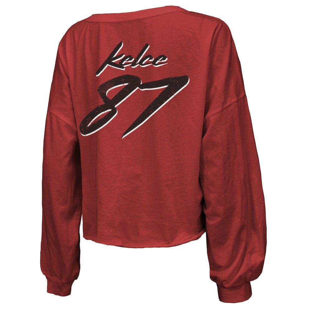 Travis Kelce Kansas City Chiefs Majestic Threads Women's Name & Number Off-Shoulder Script Cropped Long Sleeve V-Neck T-Shirt Red - NFL