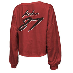 Travis Kelce Kansas City Chiefs Majestic Threads Women's Name & Number Off-Shoulder Script Cropped Long Sleeve V-Neck T-Shirt Red - NFL