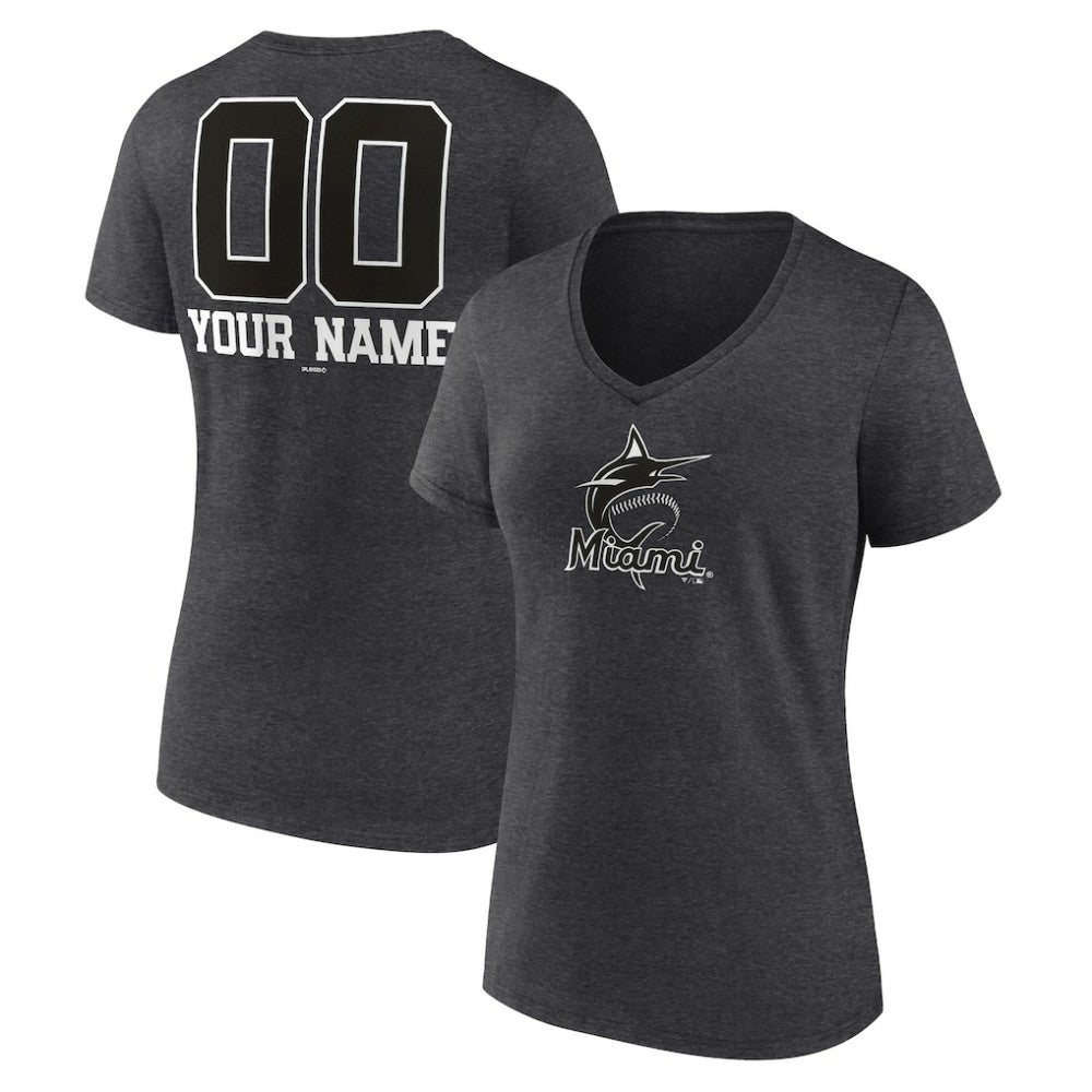 Miami Marlins Women's Personalized Monochrome Name & Number V-Neck T-Shirt for sale