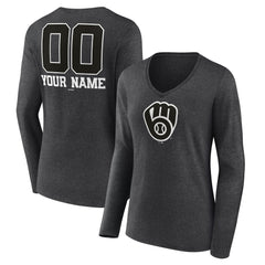 Milwaukee Brewers Women's Personalized Monochrome Name & Number Long Sleeve V-Neck T-Shirt Lifestyle