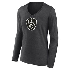 Milwaukee Brewers Women's Personalized Monochrome Name & Number Long Sleeve V-Neck T-Shirt Lifestyle
