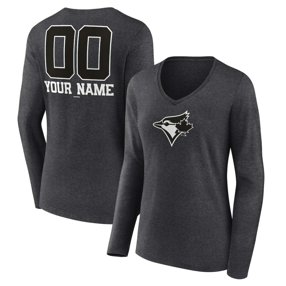 Toronto Blue Jays Women's Personalized Monochrome Name & Number Long Sleeve V-Neck T-Shirt for sale