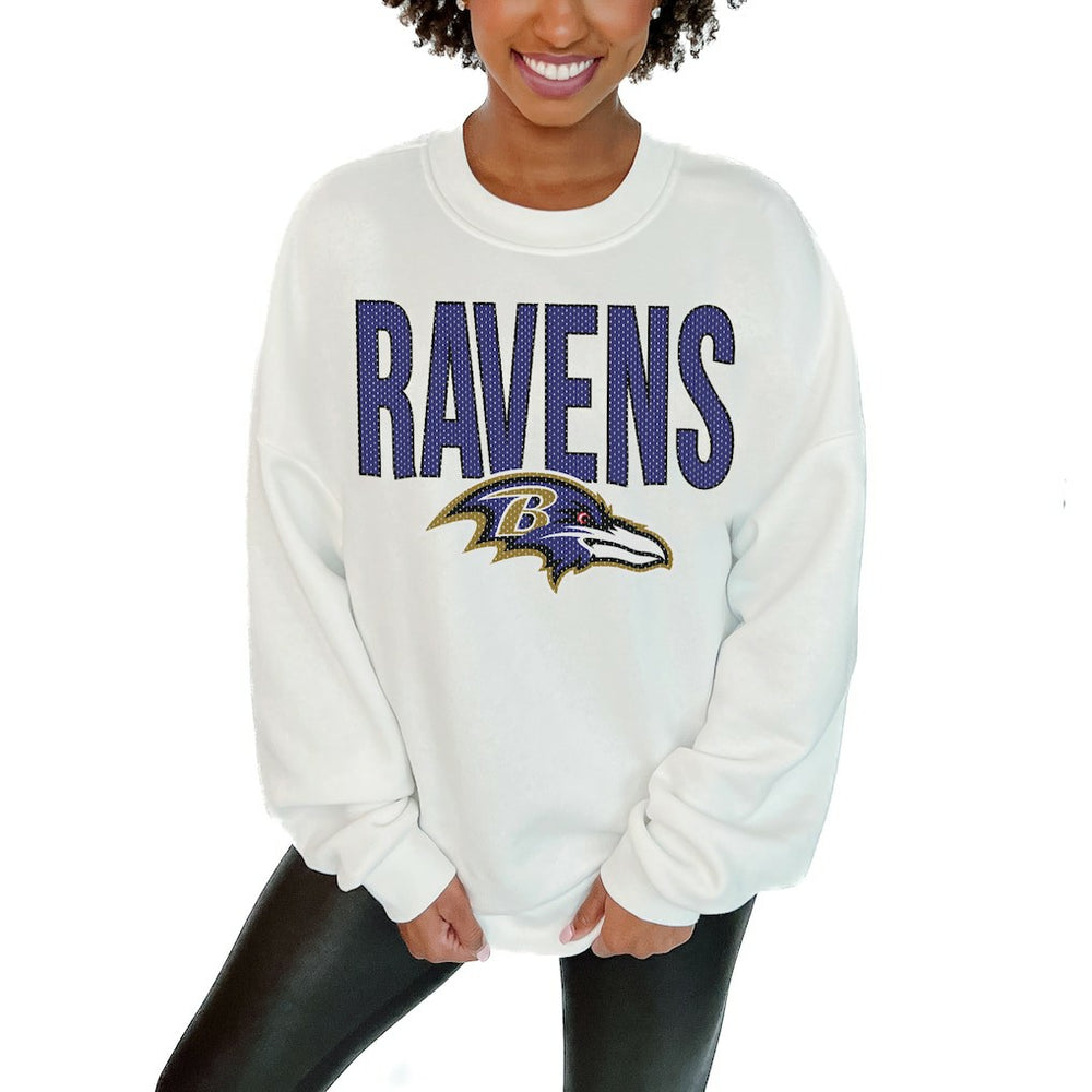 Baltimore Ravens Gameday Couture Women's Just Go With It Oversized Long Sleeve Crewneck Sweatshirt – White - NFL