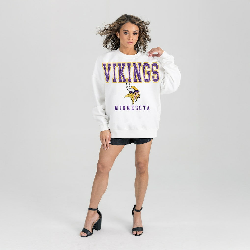 Minnesota Vikings Gameday Couture Women's Sunday Drives Oversized Crewneck Pullover Sweatshirt – White - NFL
