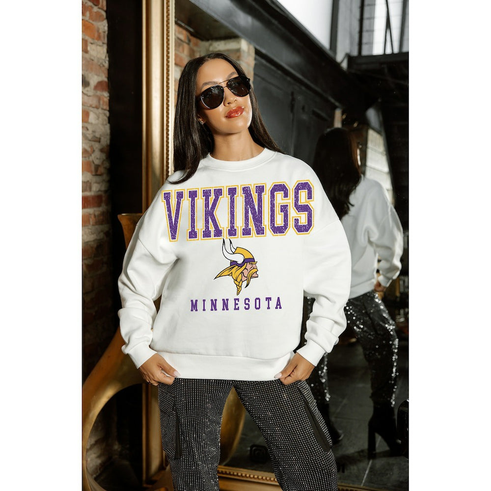 Minnesota Vikings Gameday Couture Women's Sunday Drives Oversized Crewneck Pullover Sweatshirt – White - NFL