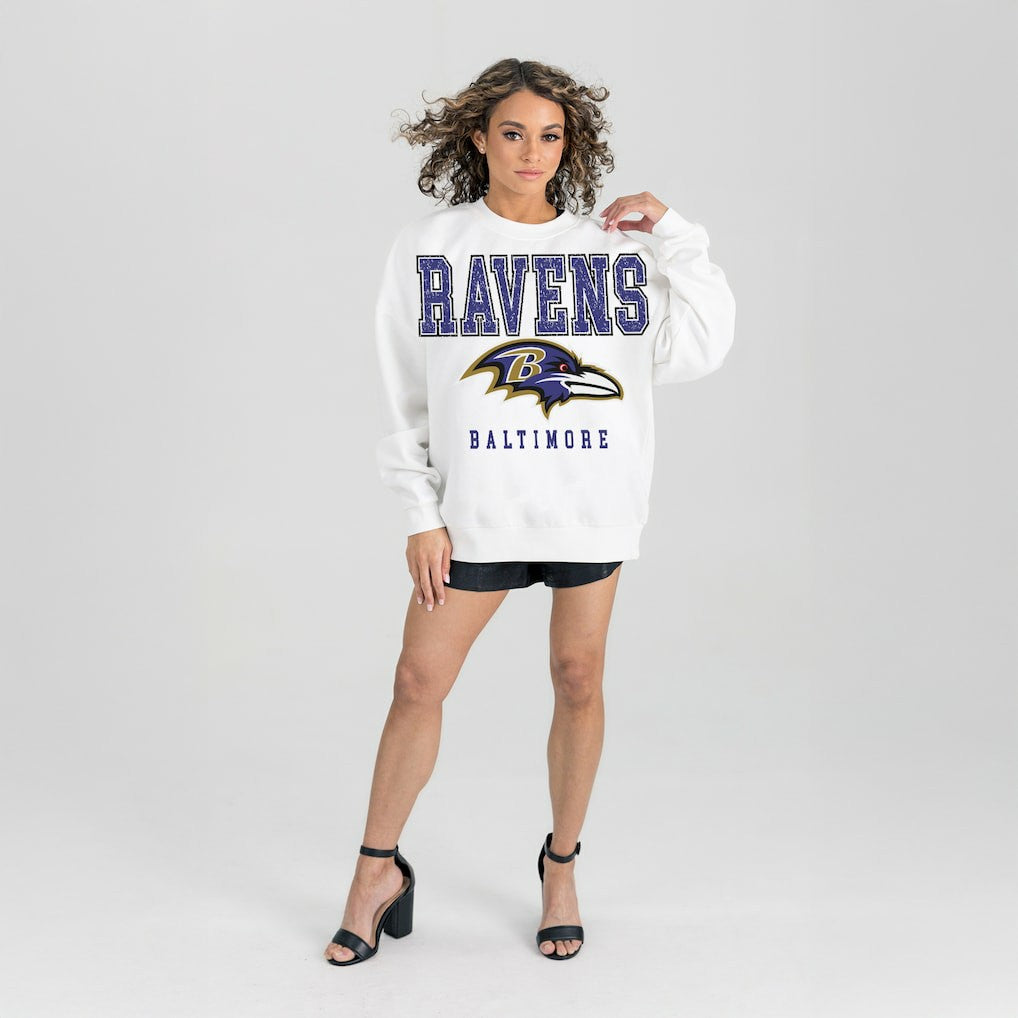 Baltimore Ravens Gameday Couture Women's Sunday Drives Oversized Crewneck Pullover Sweatshirt – White - NFL