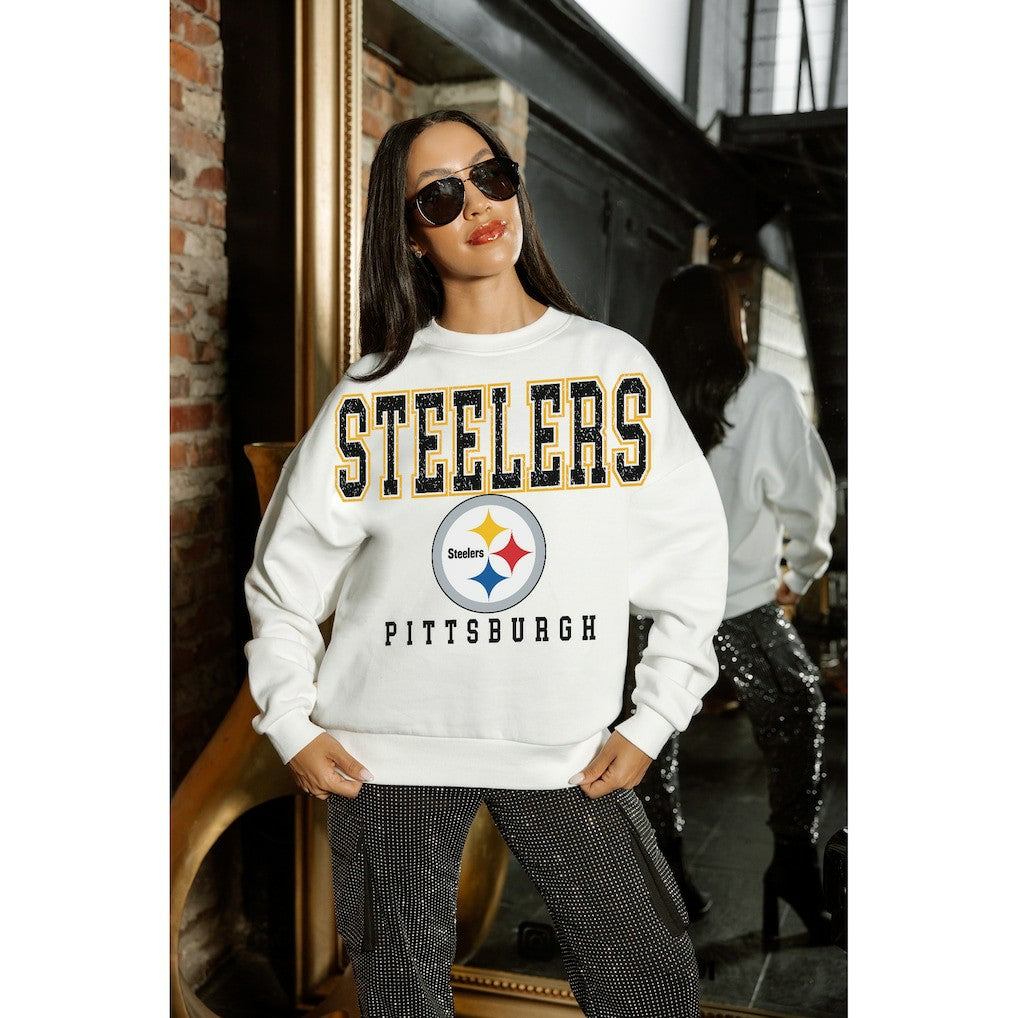 Pittsburgh Steelers Gameday Couture Women's Sunday Drives Oversized Crewneck Pullover Sweatshirt – White - NFL
