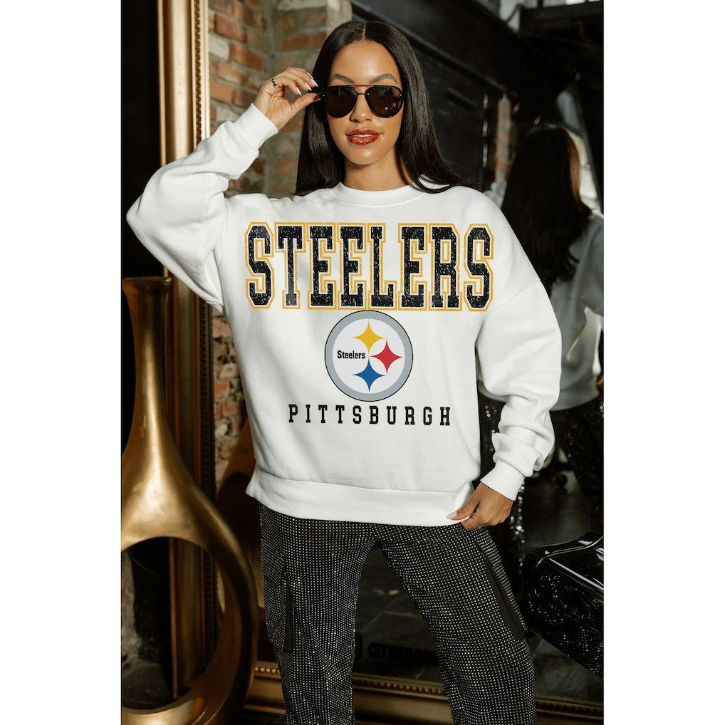 Pittsburgh Steelers Gameday Couture Women's Sunday Drives Oversized Crewneck Pullover Sweatshirt – White - NFL