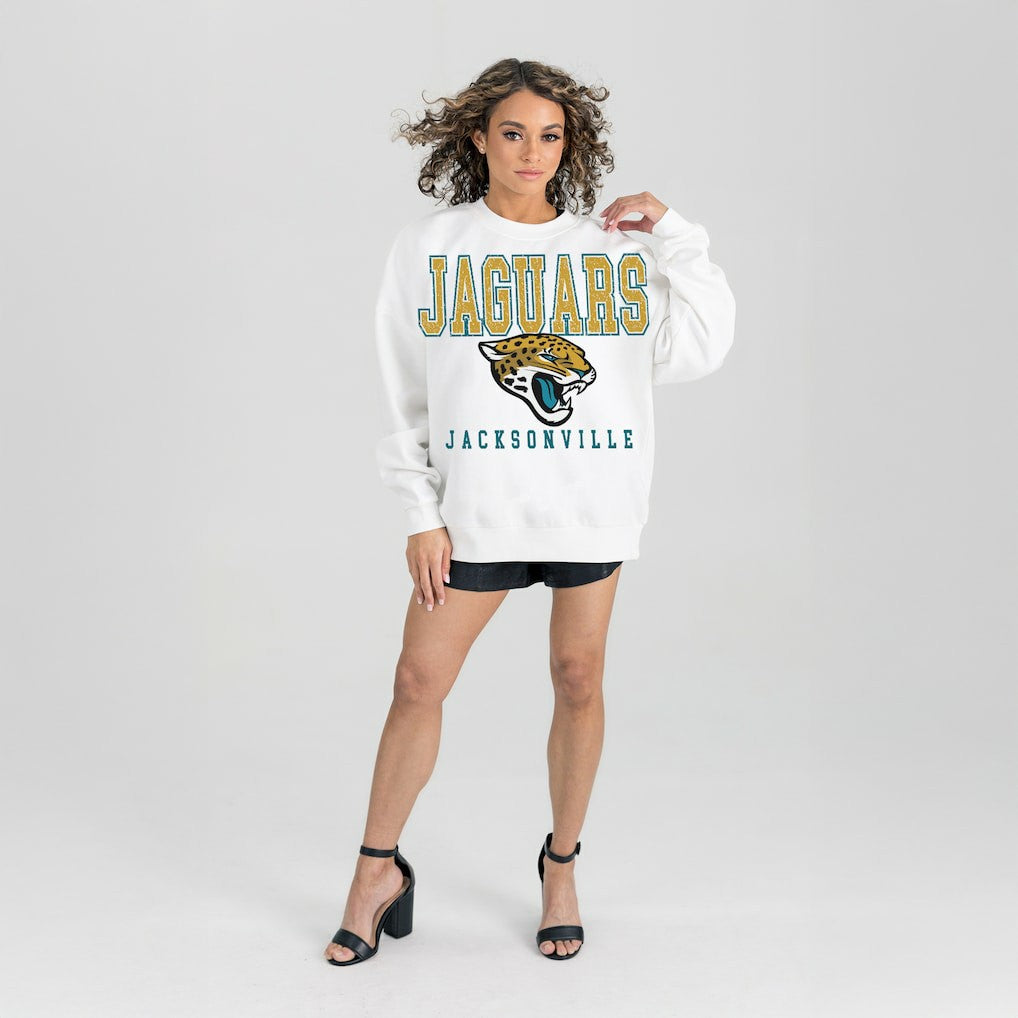 Jacksonville Jaguars Gameday Couture Women's Sunday Drives Oversized Crewneck Pullover Sweatshirt – White - NFL