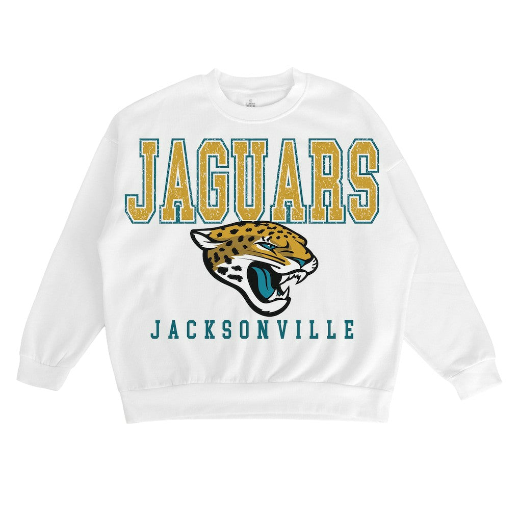 Jacksonville Jaguars Gameday Couture Women's Sunday Drives Oversized Crewneck Pullover Sweatshirt – White - NFL