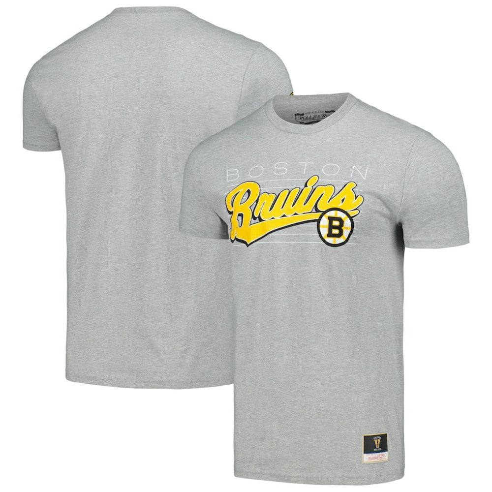 Boston Bruins Mitchell & Ness 100th Anniversary Script Sweep T-Shirt Heather Gray