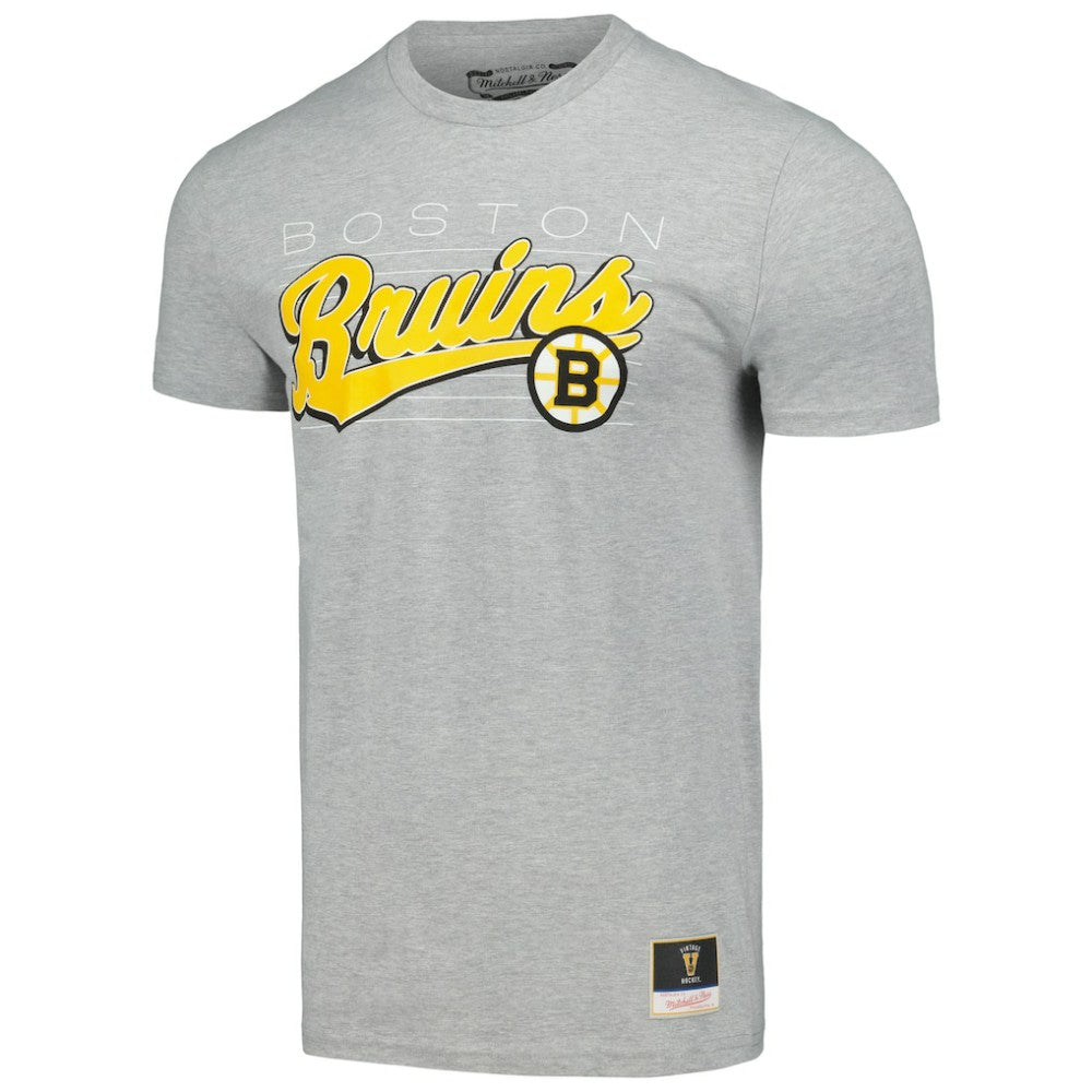 Boston Bruins Mitchell & Ness 100th Anniversary Script Sweep T-Shirt Heather Gray