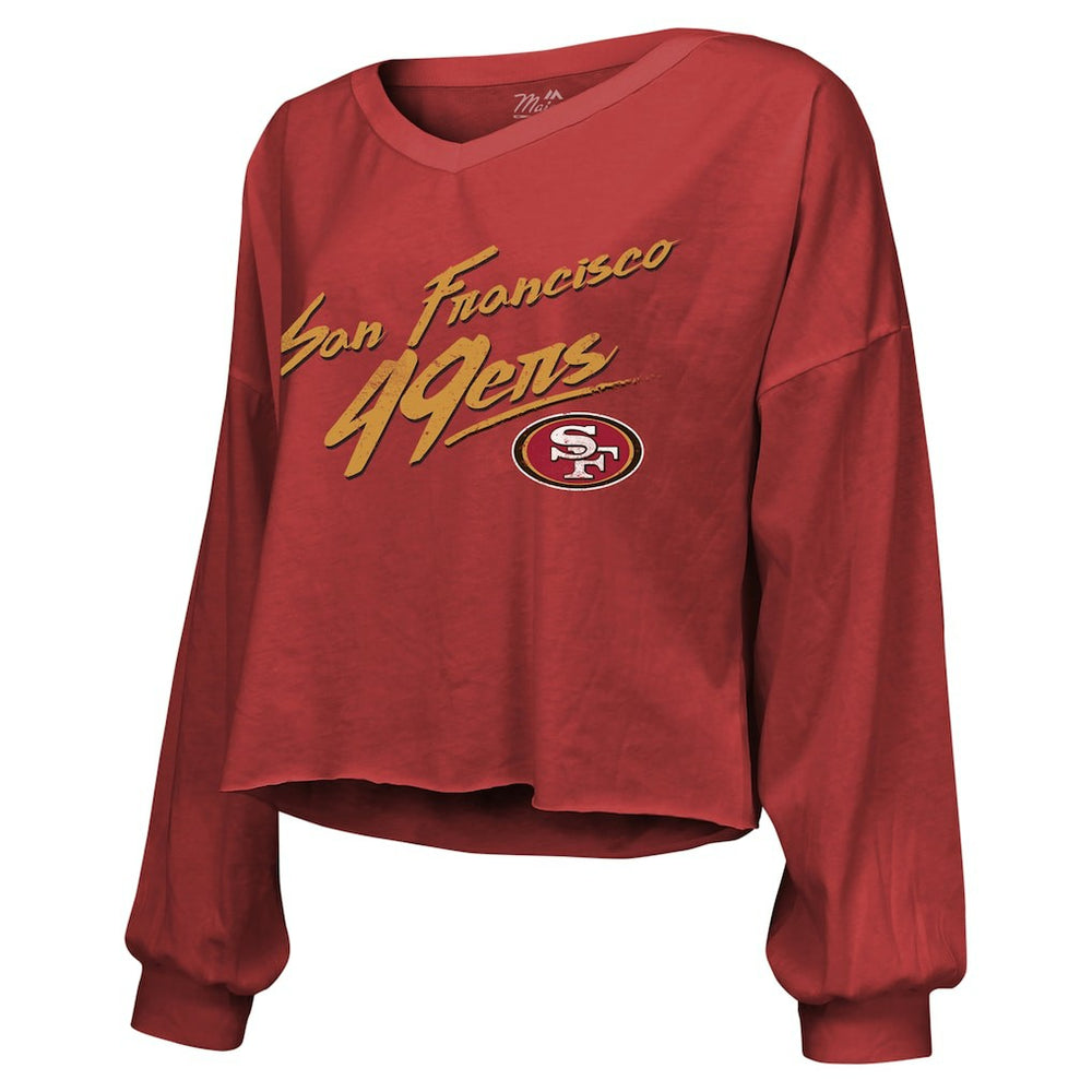 Brock Purdy San Francisco 49ers Majestic Threads Women's Name & Number Off-Shoulder Script Cropped Long Sleeve Relaxed V-Neck T-Shirt Scarlet - NFL