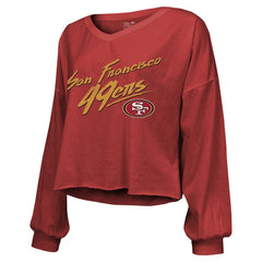 Brock Purdy San Francisco 49ers Majestic Threads Women's Name & Number Off-Shoulder Script Cropped Long Sleeve Relaxed V-Neck T-Shirt Scarlet - NFL