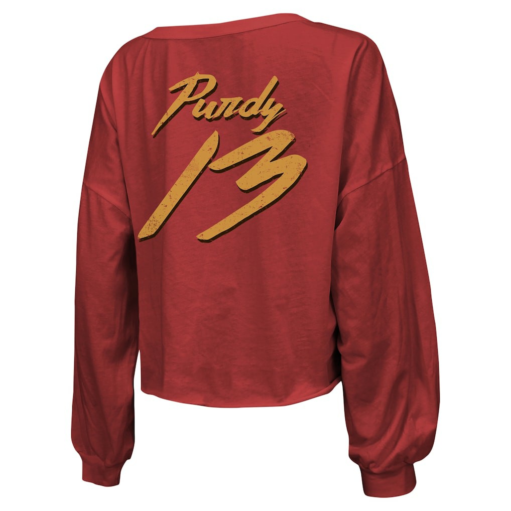 Brock Purdy San Francisco 49ers Majestic Threads Women's Name & Number Off-Shoulder Script Cropped Long Sleeve Relaxed V-Neck T-Shirt Scarlet - NFL
