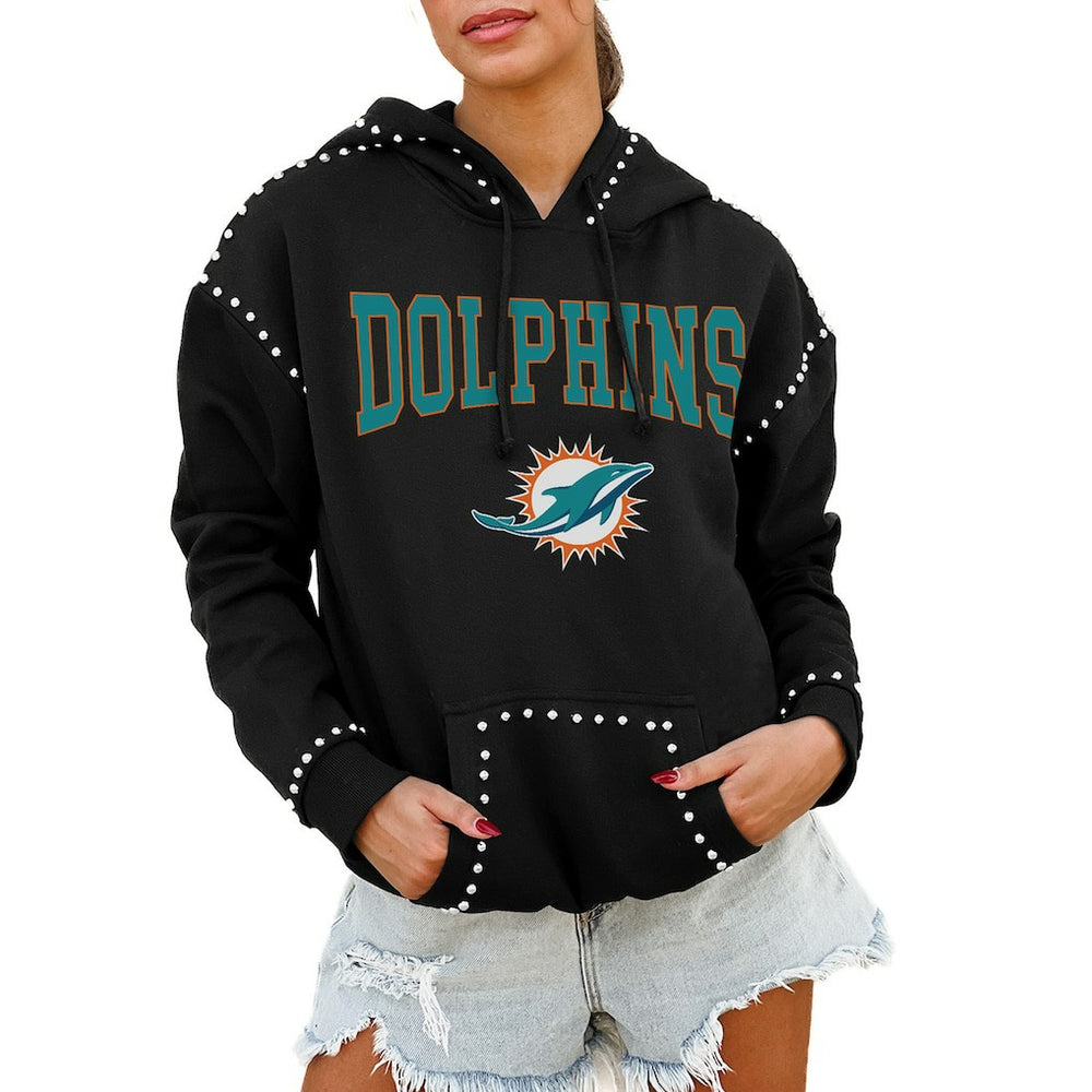 Miami Dolphins Gameday Couture Women's Oversized Catch the Vibe Studded Pullover Hoodie Black - NFL