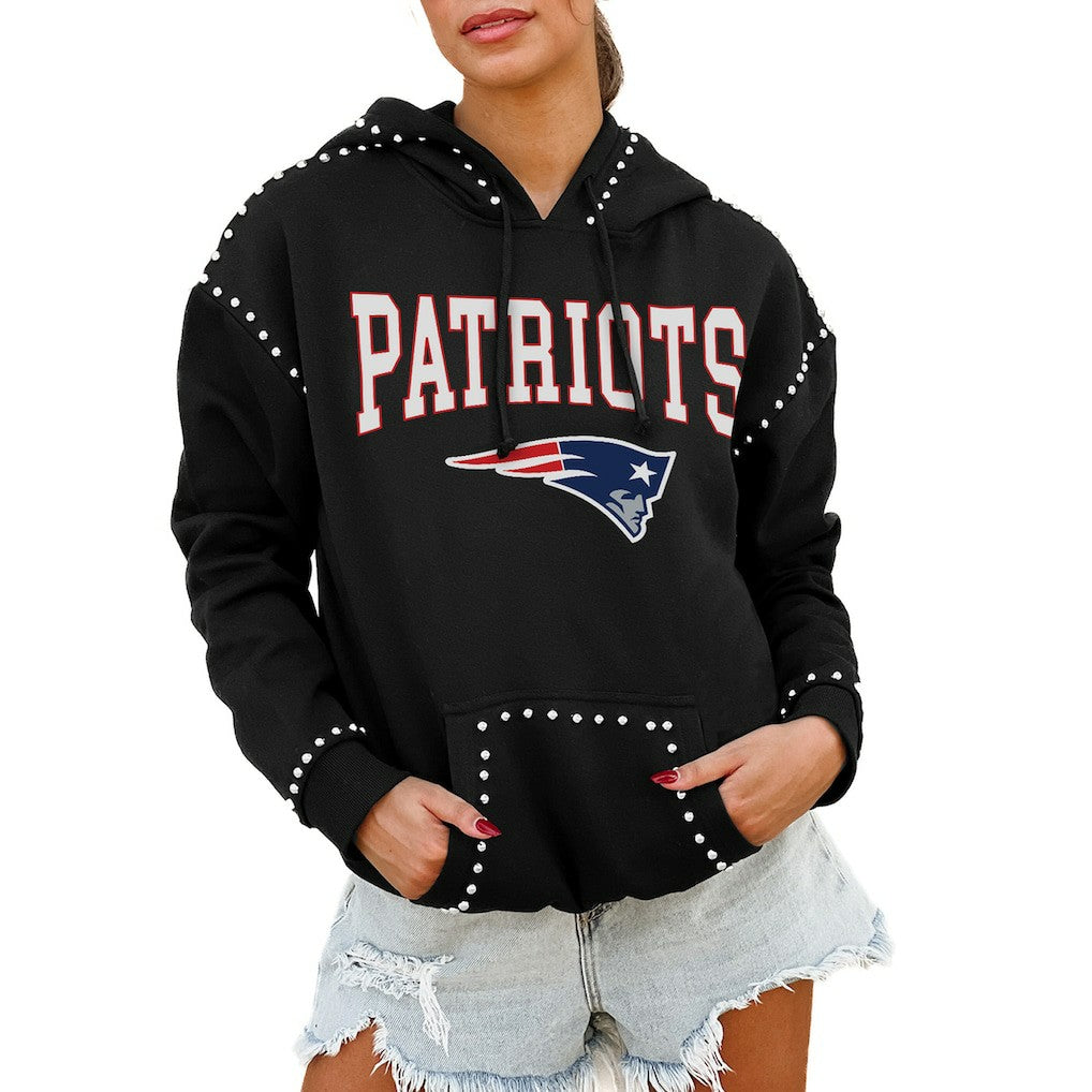 New England Patriots Gameday Couture Women's Oversized Catch the Vibe Studded Pullover Hoodie Black - NFL