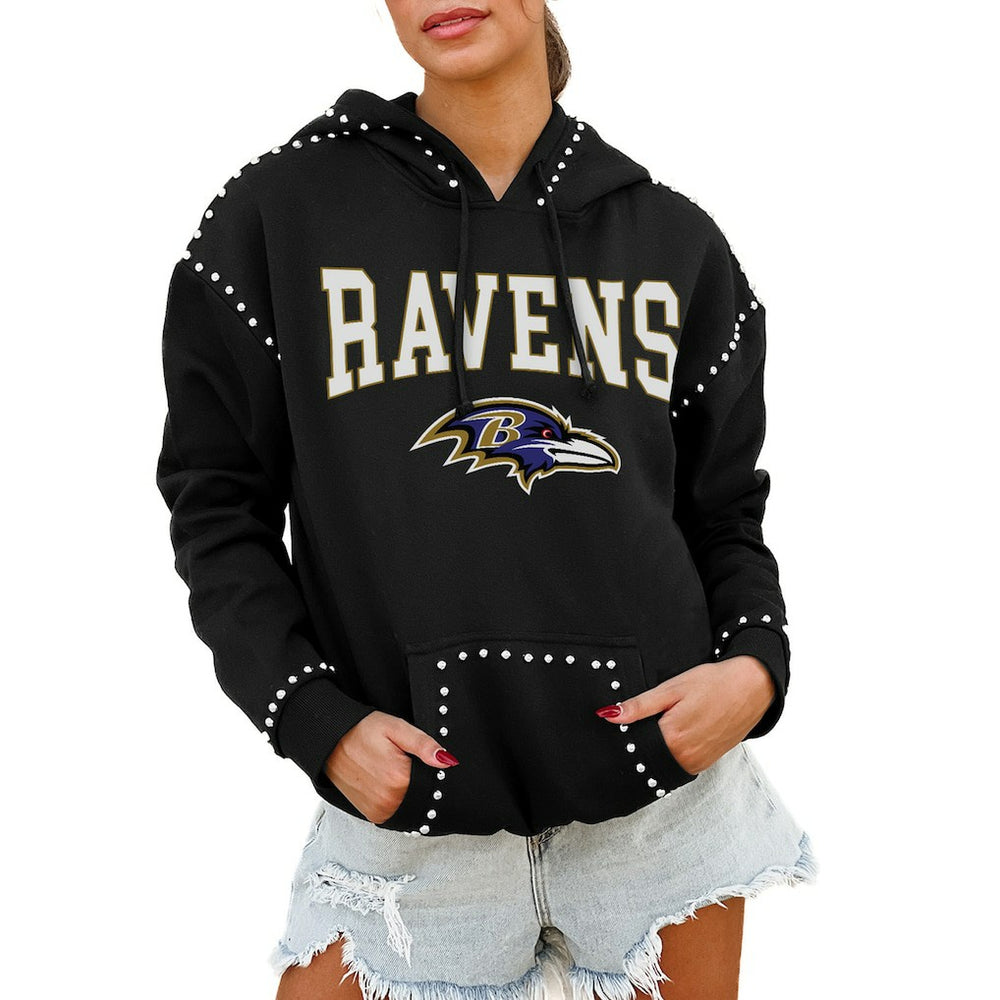 Baltimore Ravens Gameday Couture Women's Oversized Catch the Vibe Studded Pullover Hoodie Black - NFL