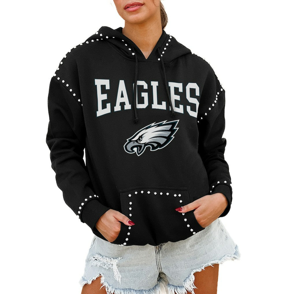 Philadelphia Eagles Gameday Couture Women's Oversized Catch the Vibe Studded Pullover Hoodie Black - NFL