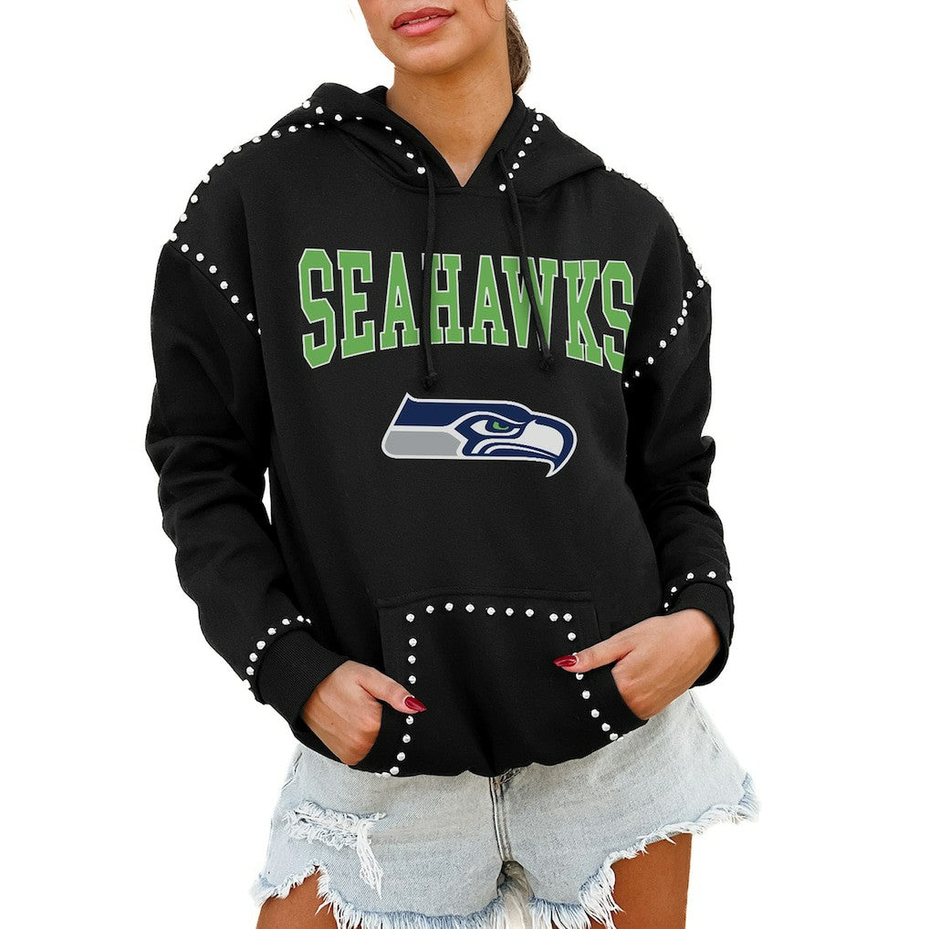 Seattle Seahawks Gameday Couture Women's Oversized Catch the Vibe Studded Pullover Hoodie Black - NFL