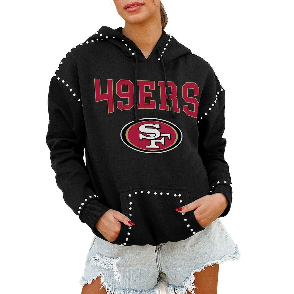 San Francisco 49ers Gameday Couture Women's Oversized Catch the Vibe Studded Pullover Hoodie Black - NFL