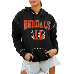 Cincinnati Bengals Gameday Couture Women's Oversized Catch the Vibe Studded Pullover Hoodie Black - NFL