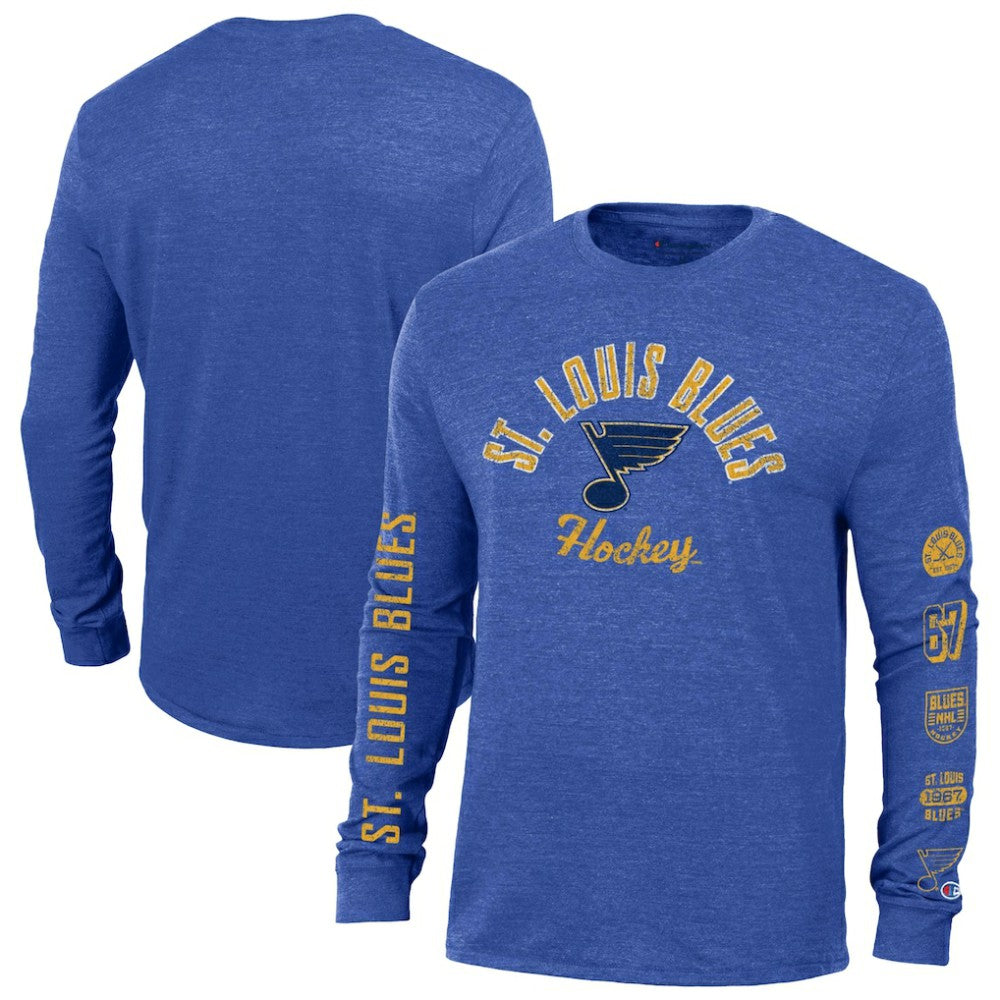 St. Louis Blues - Champion Multi-Logo Tri-Blend Long Sleeve T-Shirt Heather Blue