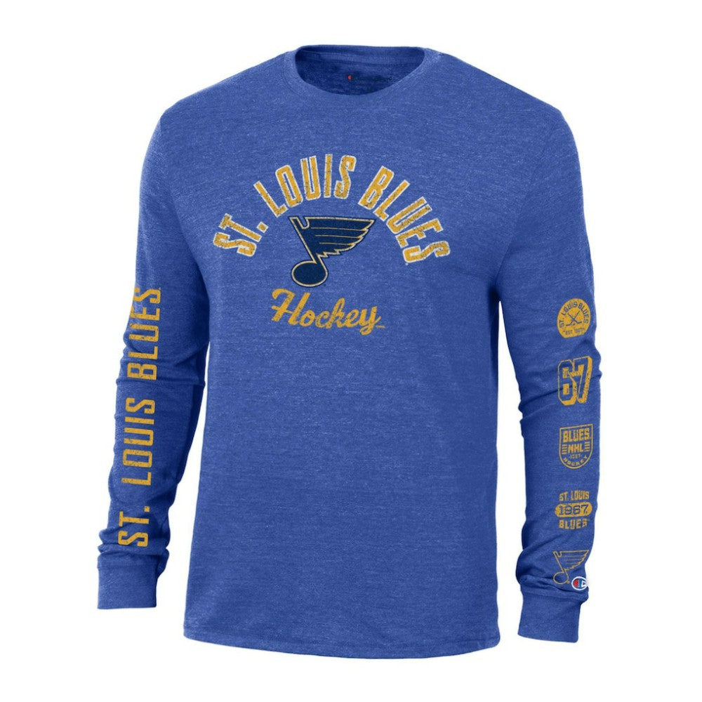 St. Louis Blues - Champion Multi-Logo Tri-Blend Long Sleeve T-Shirt Heather Blue
