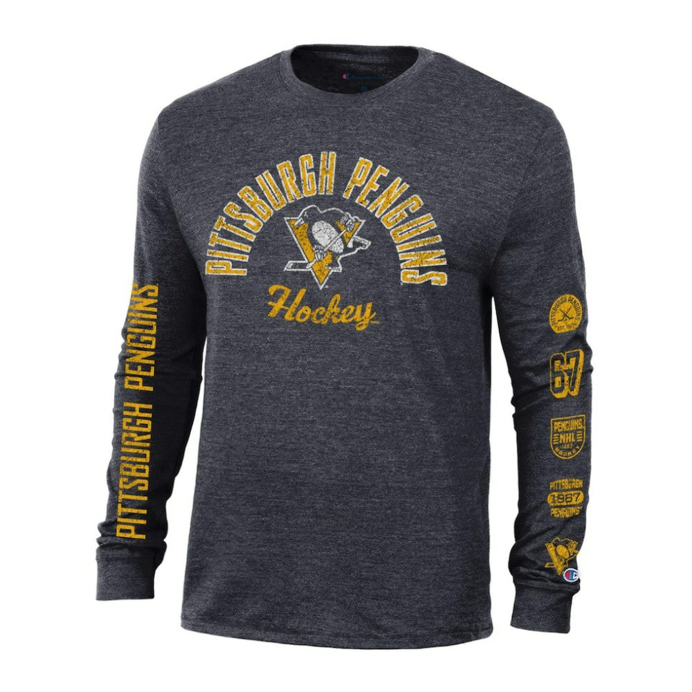 Pittsburgh Penguins Champion Multi-Logo Tri-Blend Long Sleeve T-Shirt Heather Black