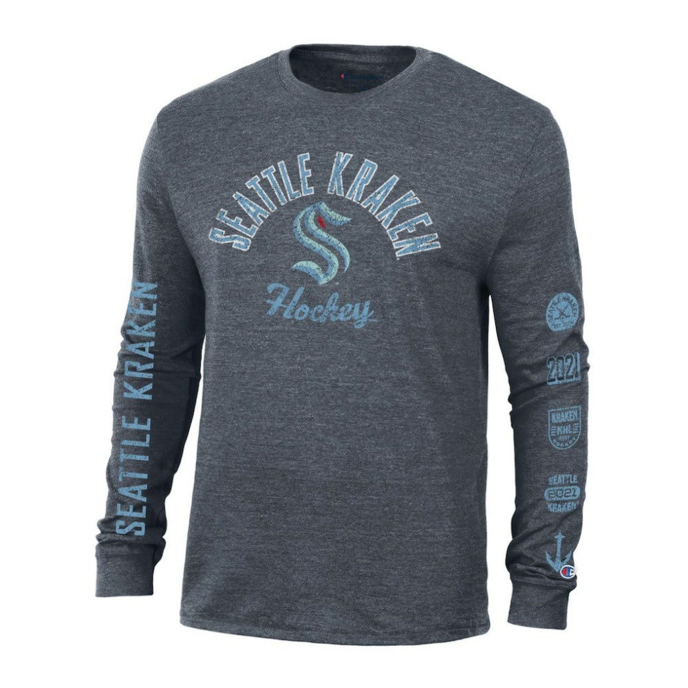 Seattle Kraken Champion Multi-Logo Tri-Blend Long Sleeve T-Shirt Heather Navy