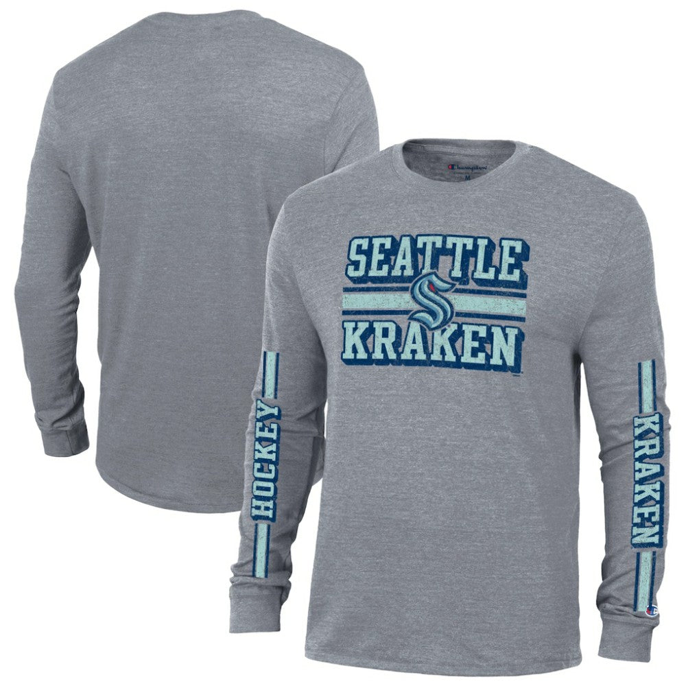 Seattle Kraken Champion Tri-Blend Dual-Stripe Long Sleeve T-Shirt Heather Gray