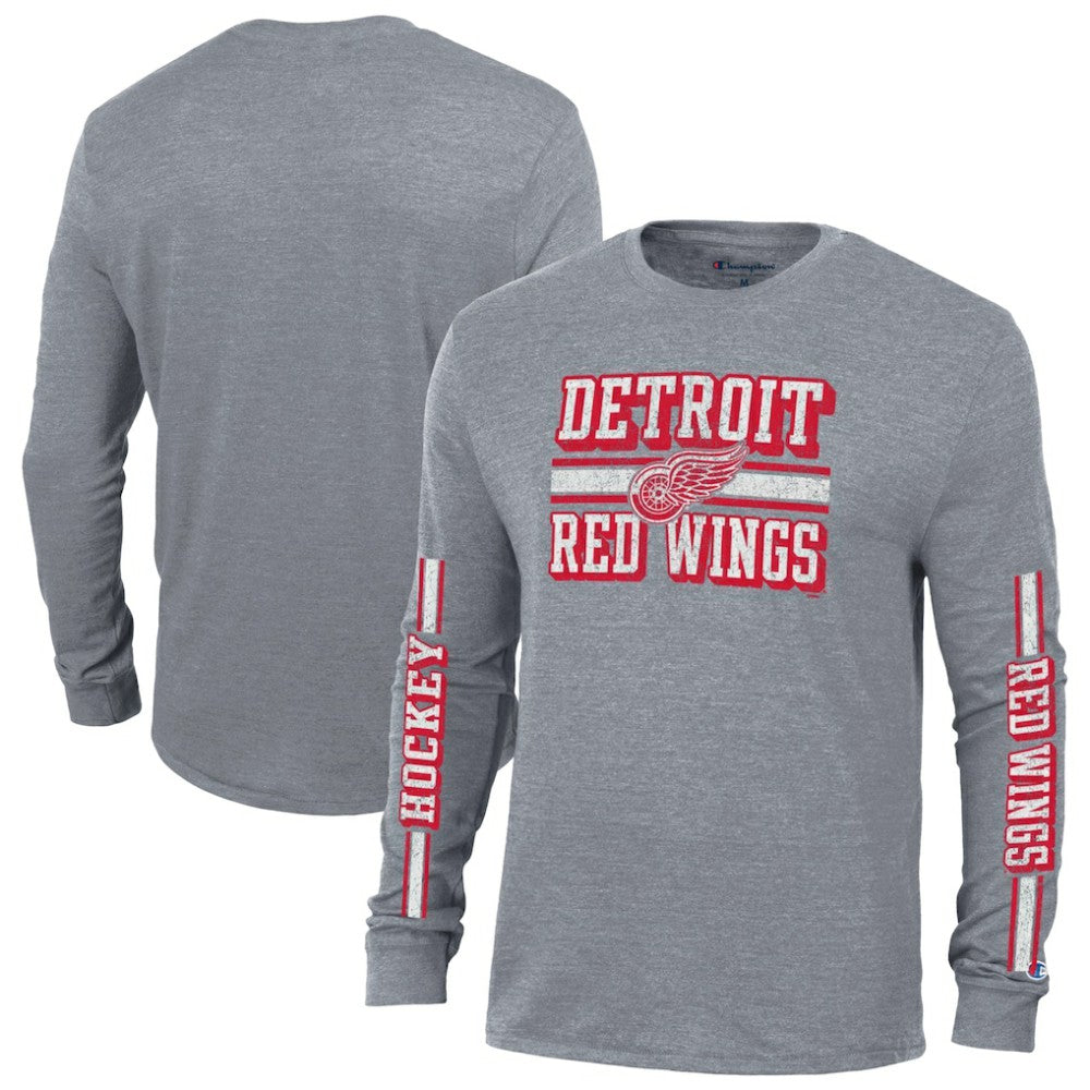 Detroit Red Wings - Champion Tri-Blend Dual-Stripe Long Sleeve T-Shirt Heather Gray