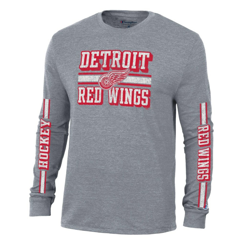 Detroit Red Wings - Champion Tri-Blend Dual-Stripe Long Sleeve T-Shirt Heather Gray