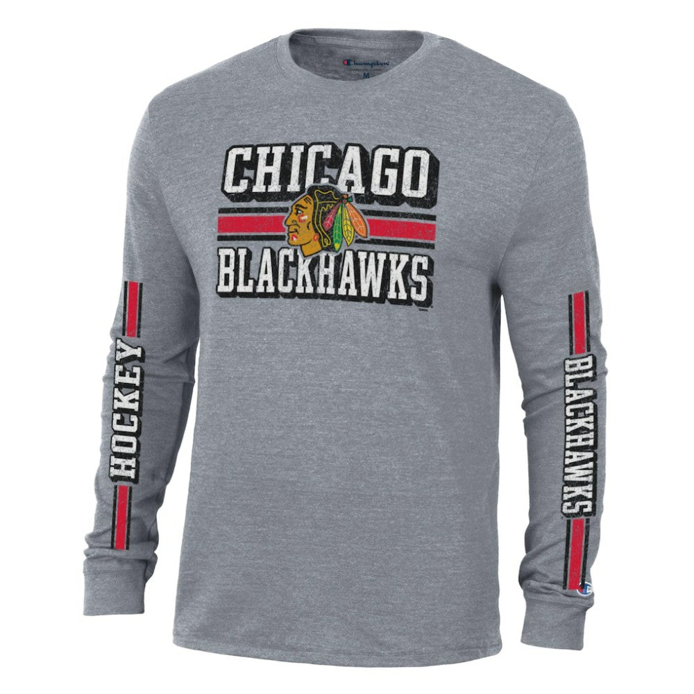 Chicago Blackhawks Champion Tri-Blend Dual-Stripe Long Sleeve T-Shirt Heather Gray