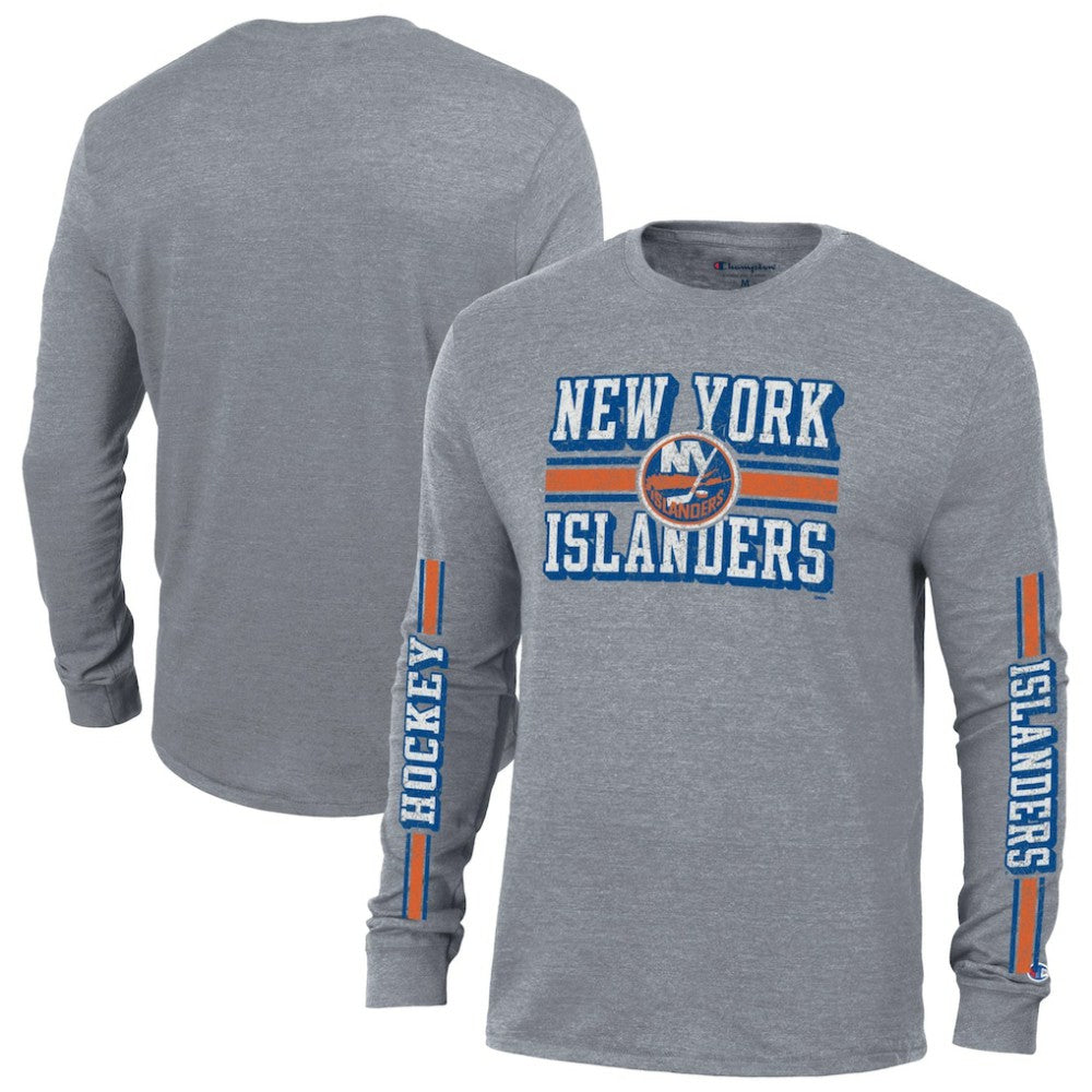 New York Islanders - Champion Tri-Blend Dual-Stripe Long Sleeve T-Shirt Heather Gray