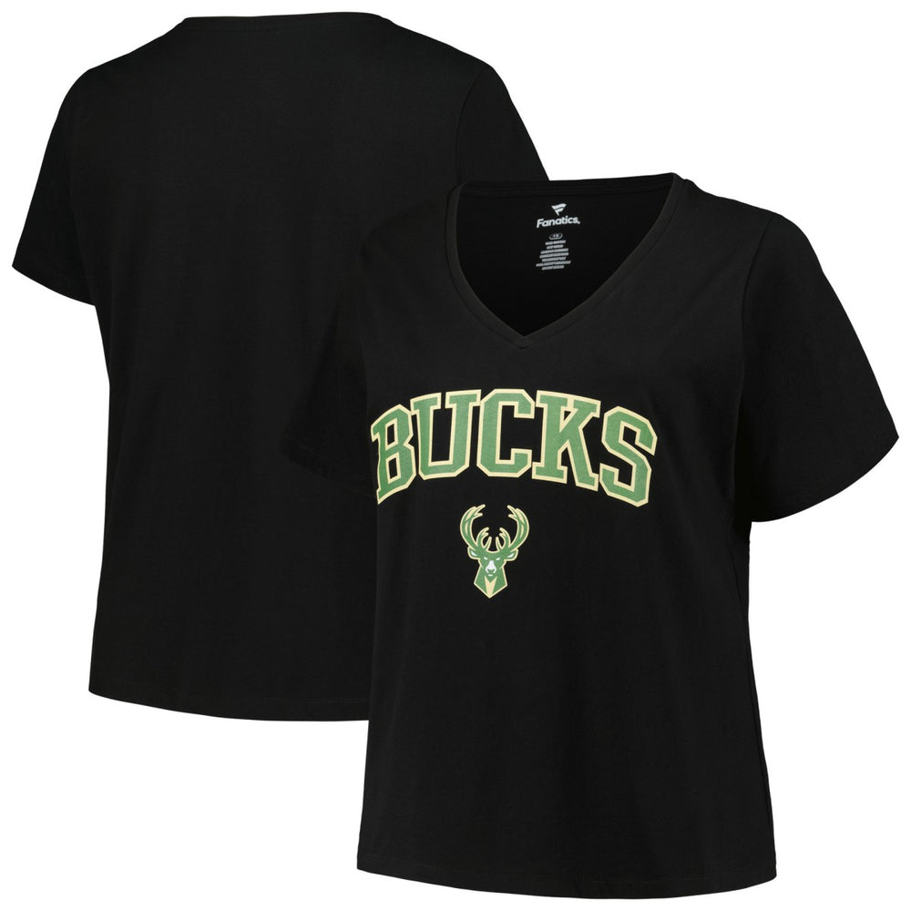 NBA - Milwaukee Bucks Profile Women's Plus Size Arch Over Logo V-Neck T-Shirt - Black