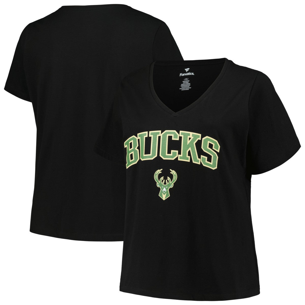 NBA - Milwaukee Bucks Profile Women's Plus Size Arch Over Logo V-Neck T-Shirt - Black