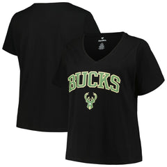 NBA - Milwaukee Bucks Profile Women's Plus Size Arch Over Logo V-Neck T-Shirt - Black