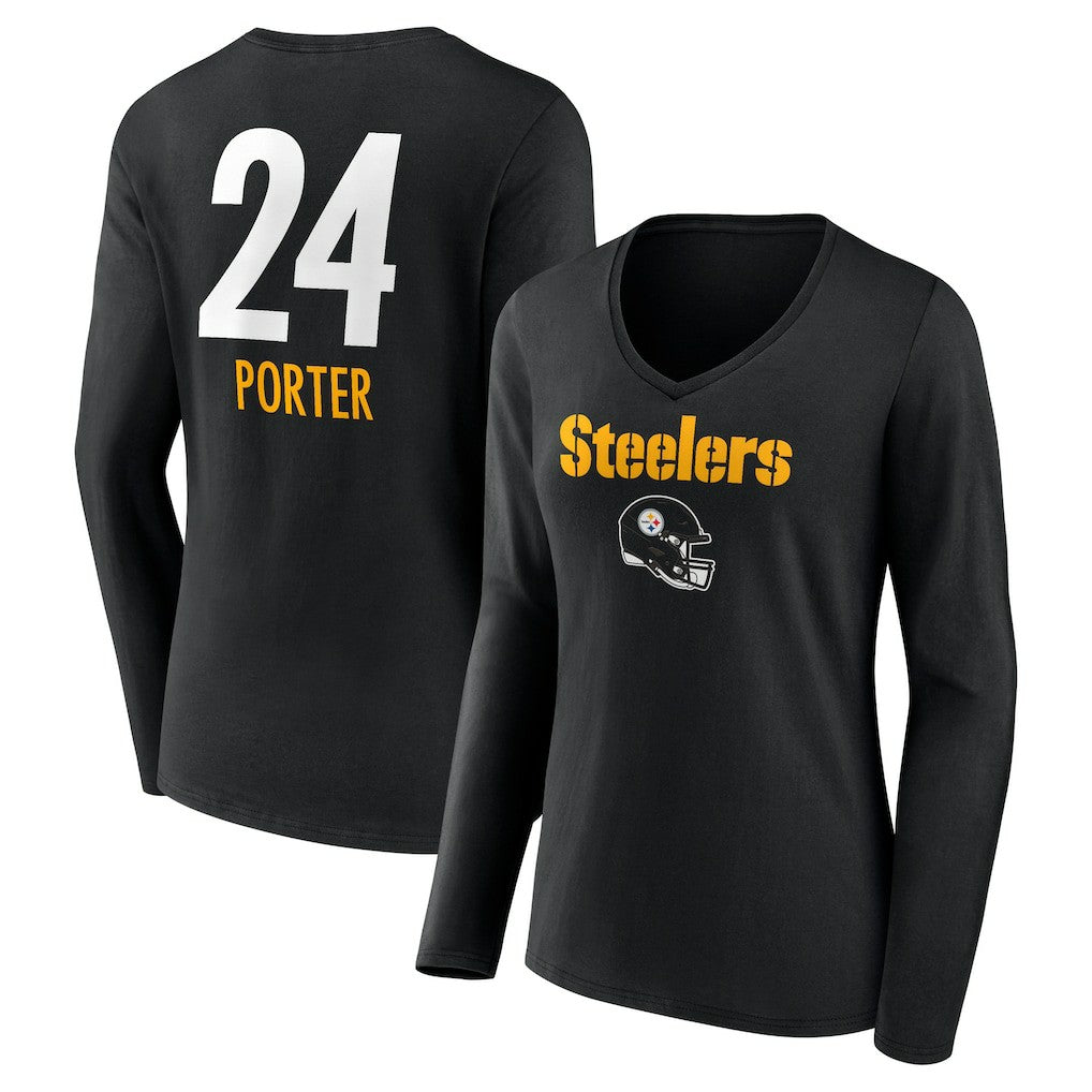 Joey Porter Jr. Pittsburgh Steelers Women's Team Wordmark Player Name & Number Long Sleeve V-Neck T-Shirt Black - NFL