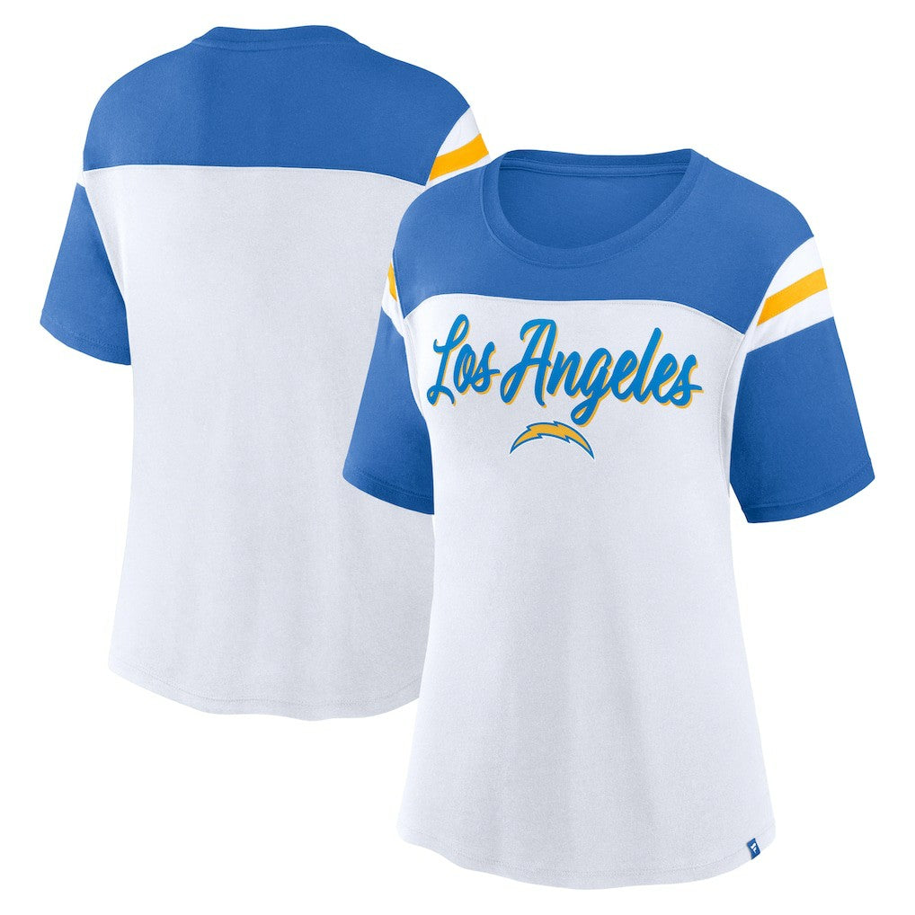 Los Angeles Chargers Women's Cheer Chant Fashion Crop Top White/Powder Blue - Fanatics