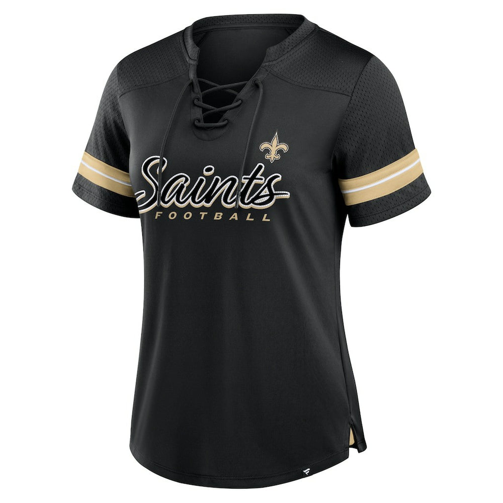 New Orleans Saints Women's Play Script Lace-Up T-Shirt Black - Fanatics