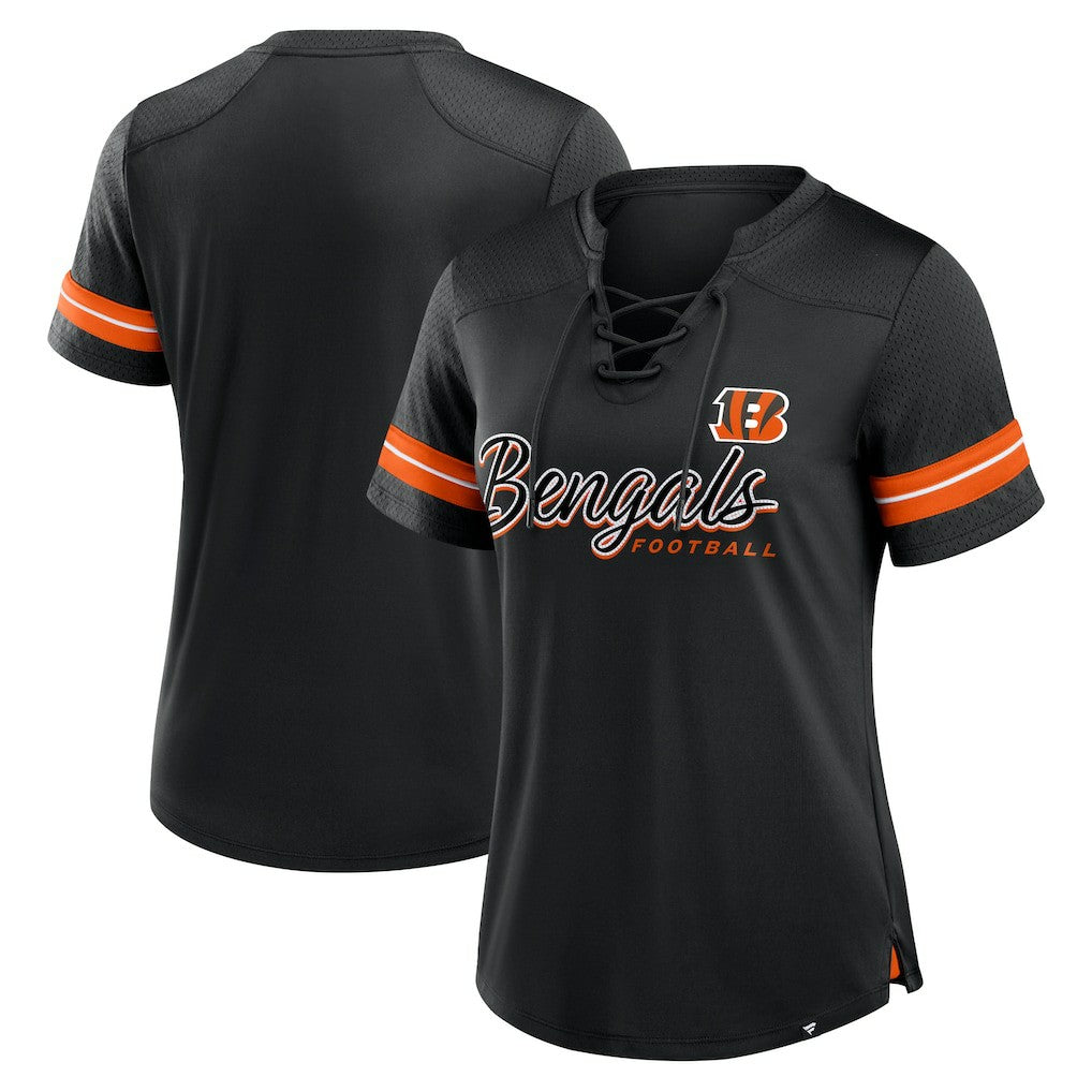 Cincinnati Bengals Women's Play Script Lace-Up T-Shirt Black - Fanatics