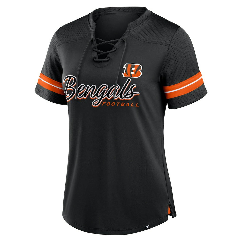 Cincinnati Bengals Women's Play Script Lace-Up T-Shirt Black - Fanatics