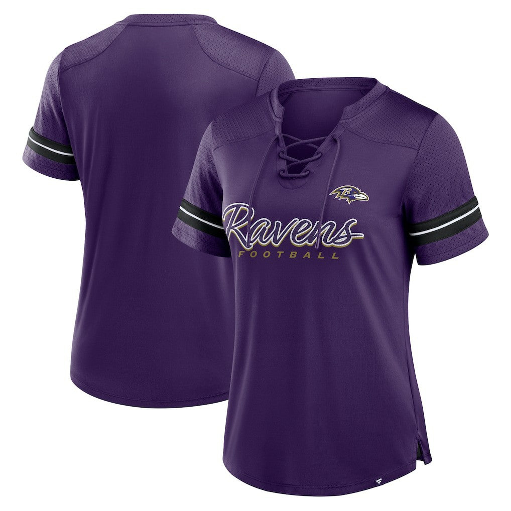Baltimore Ravens Women's Play Script Lace-Up T-Shirt Purple - Fanatics